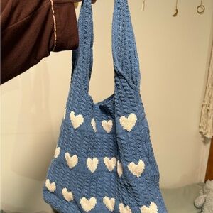 Blue Heart Patterned Knit Bag